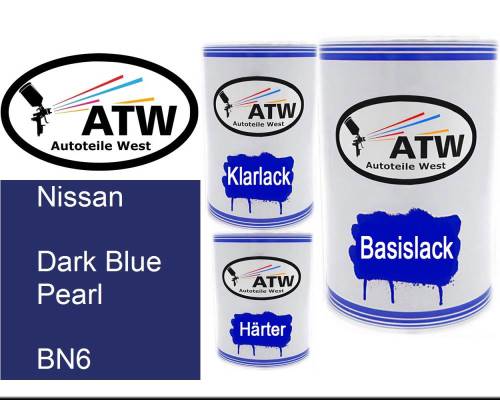 Nissan, Dark Blue Pearl, BN6: 500ml Lackdose + 500ml Klarlack + 250ml Härter - Set, von ATW Autoteile West.